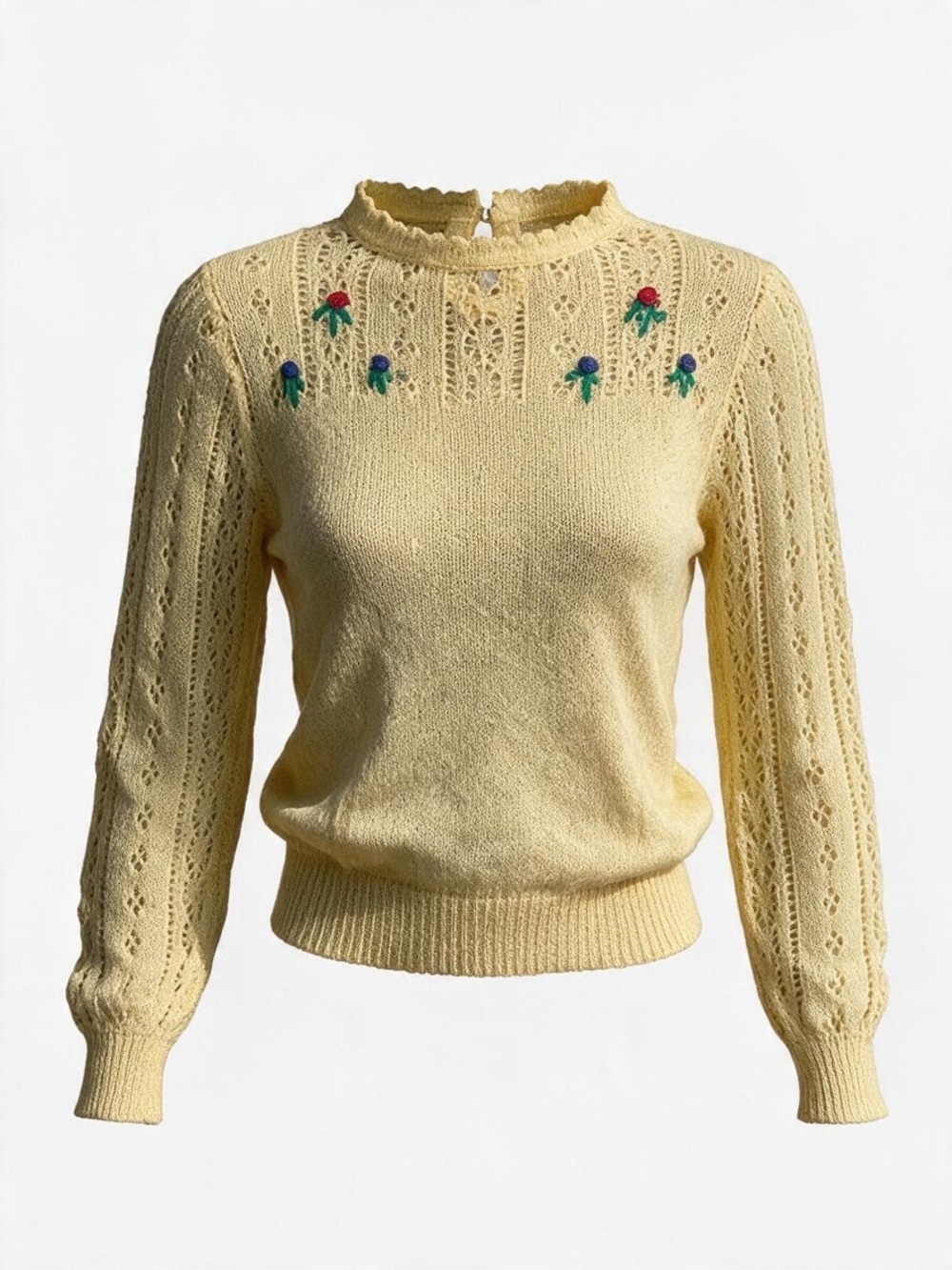 VINTAGE HAND-KNIT POINTELLE SWEATER WITH FLORAL EMBROIDERY